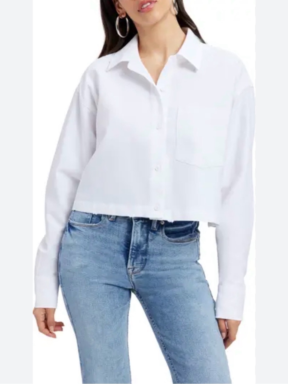 Good American Classic White Button-Down Cropped Shirt With subtle distressing